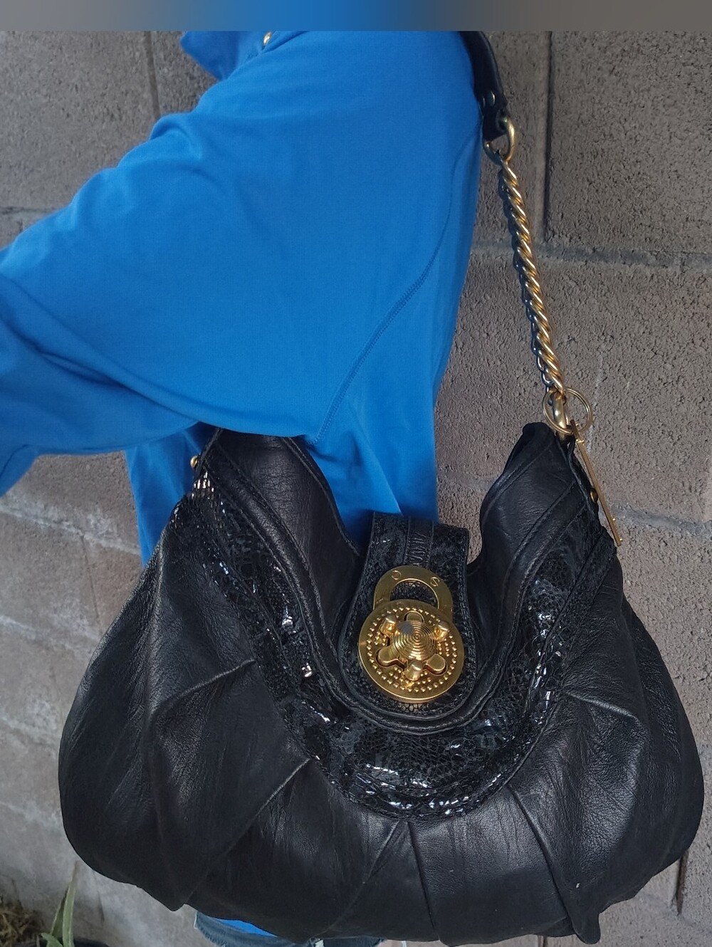 Black Leather Shoulder Bag with Gold Hardware